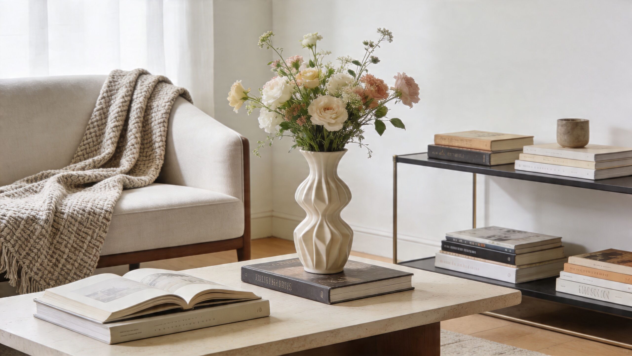 A minimalist living room with a beige sofa, travertine coffee table, flower vase, and books.