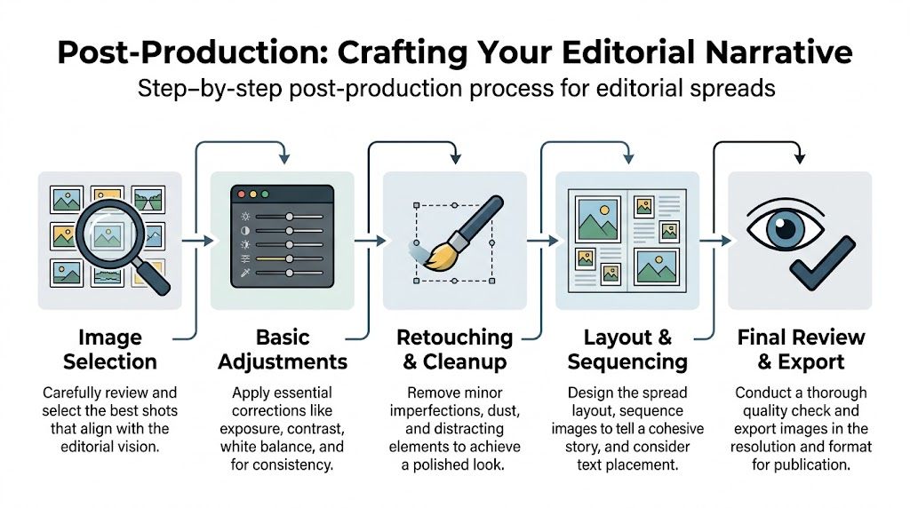 A five-step flowchart illustrating the professional post-production process for creating editorial photography magazine spreads.