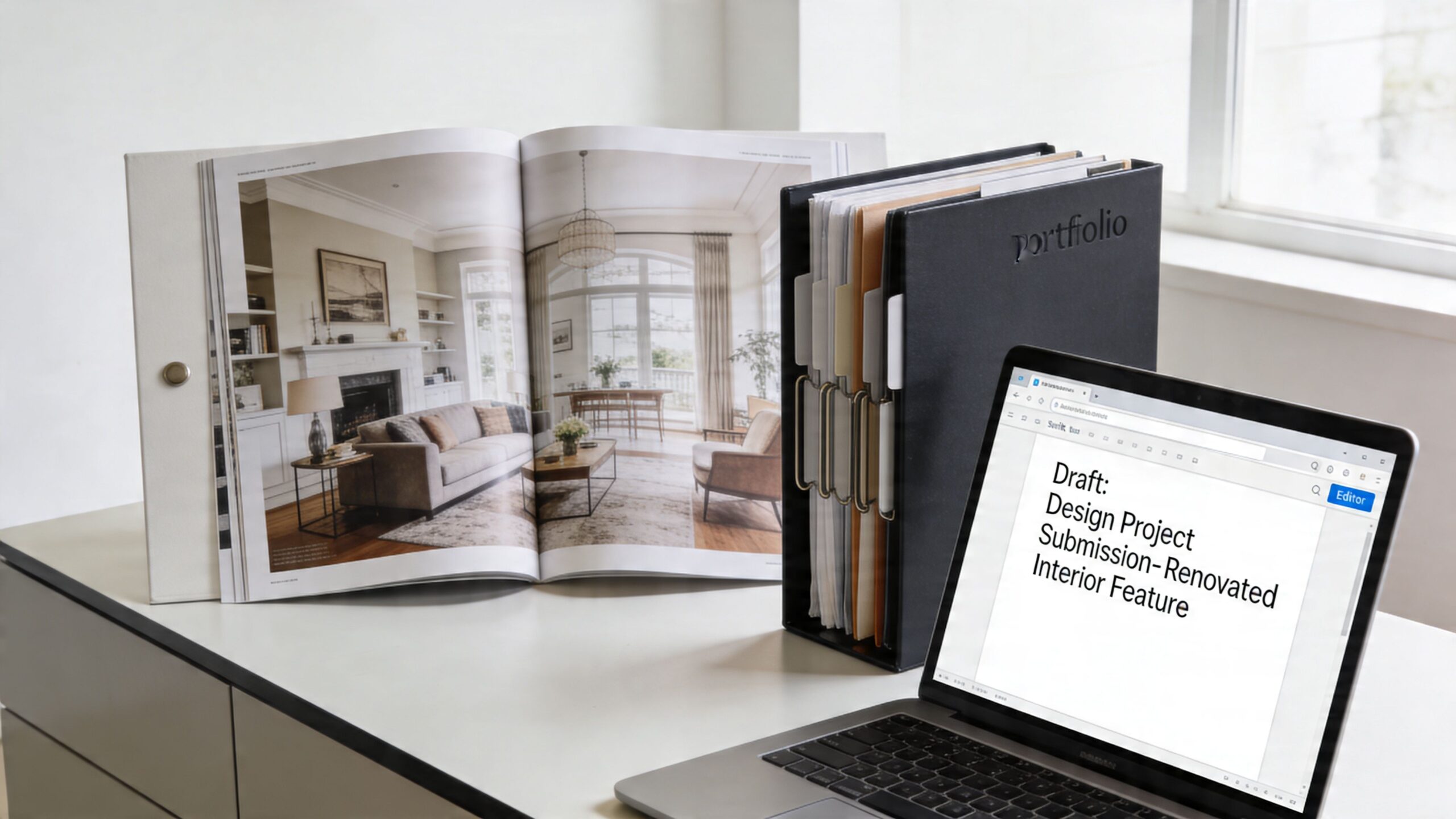 A professional desk setup featuring an open interior design magazine, a portfolio binder, and a laptop displaying project documents.