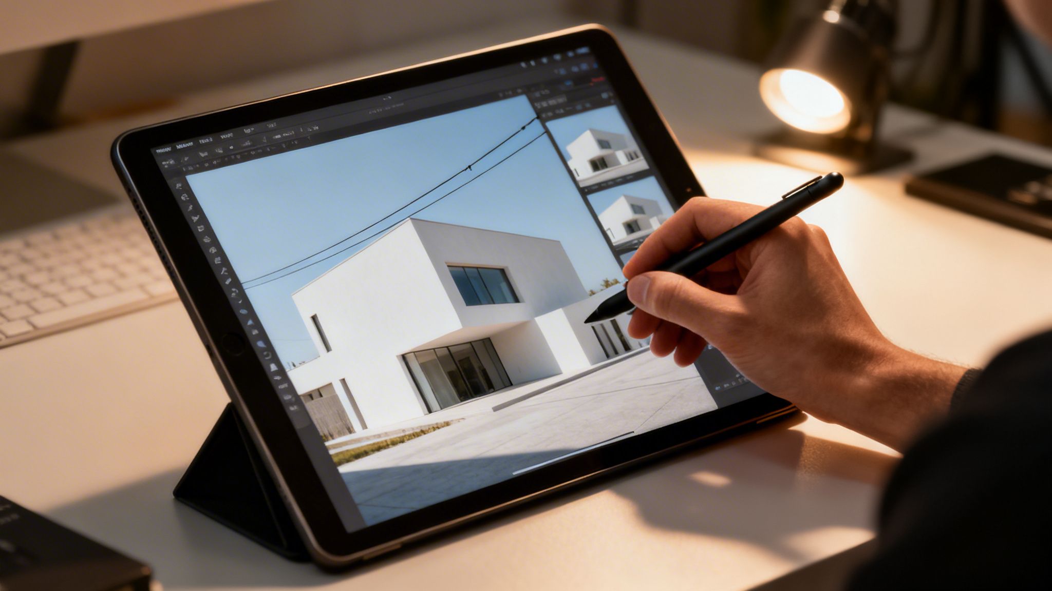 A digital designer uses a stylus on a tablet to edit a photo of a modern house.