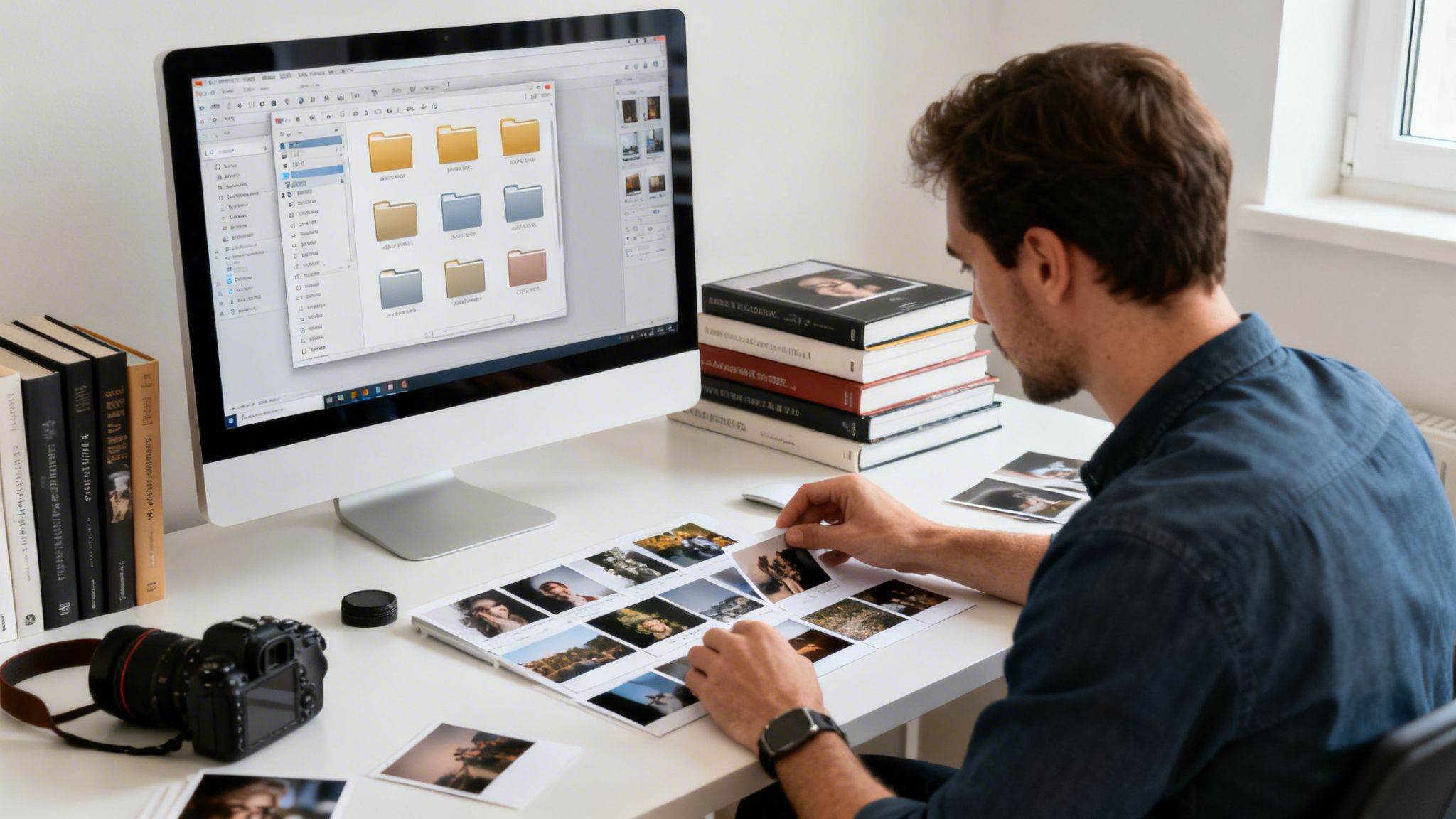 A professional photographer reviewing printed photo proofs at his desk while looking at his computer monitor.