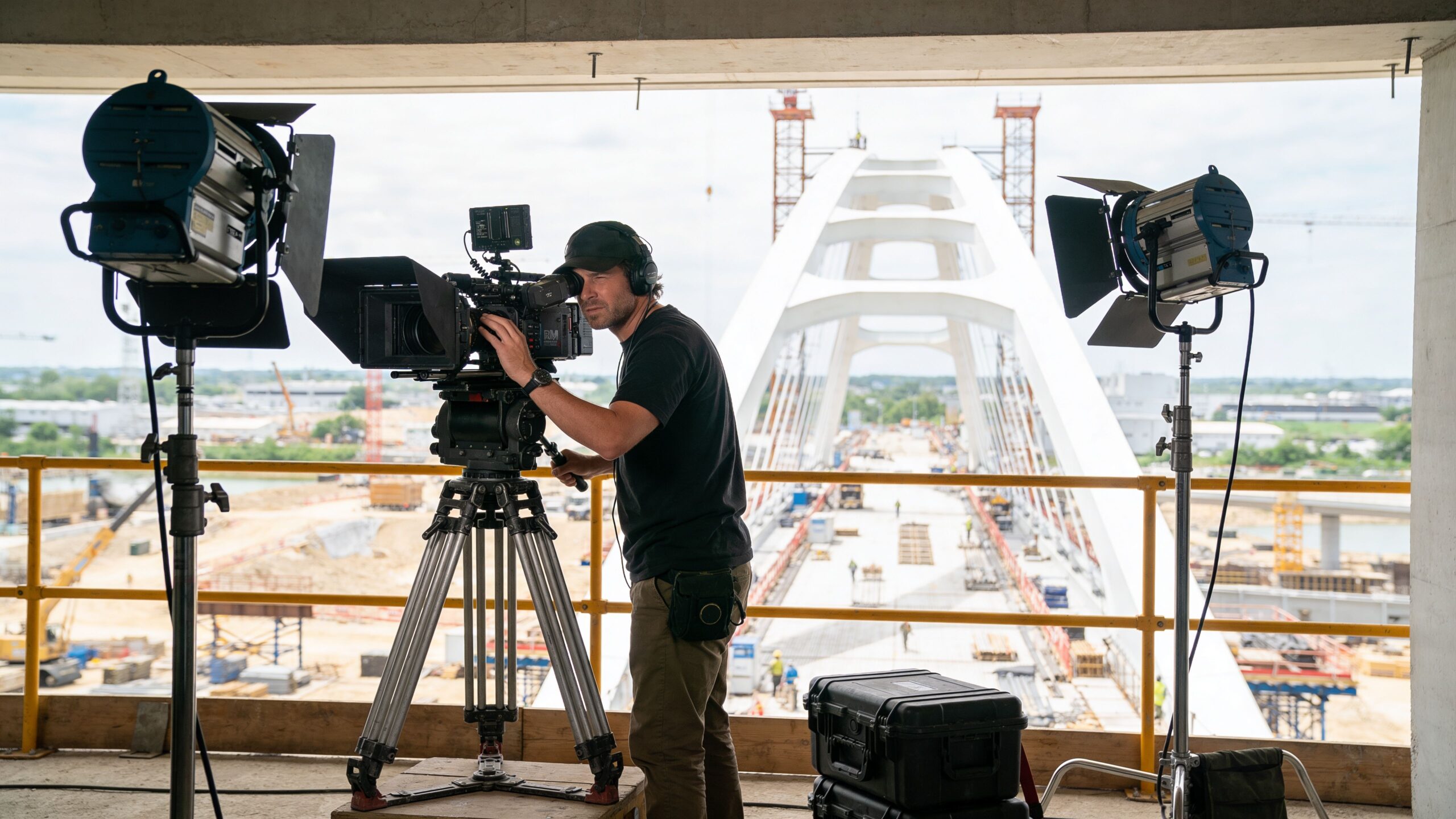 A videographer uses a professional camera on a tripod to film bridge construction from an elevated platform.