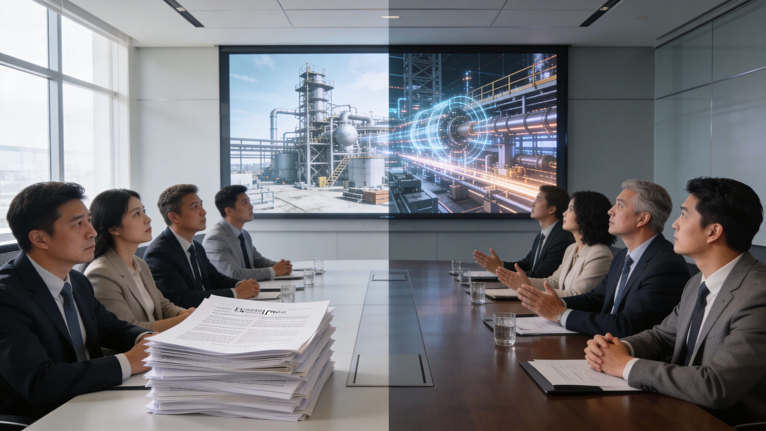 A diverse team of professionals in a conference room analyzing engineering project data on a large screen.