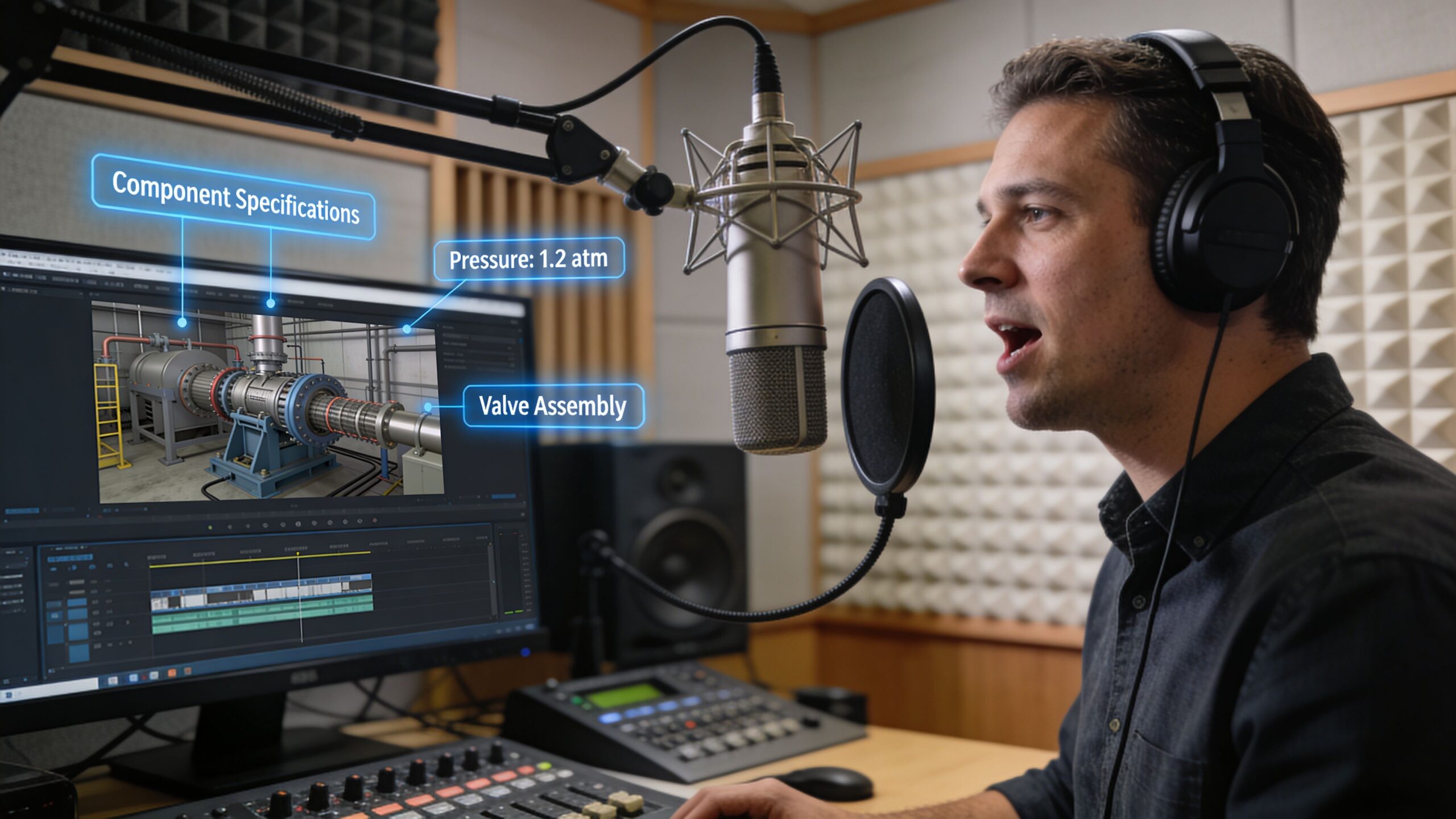 A podcast host records a video walkthrough for engineering proposals featuring industrial machinery diagrams on screen.