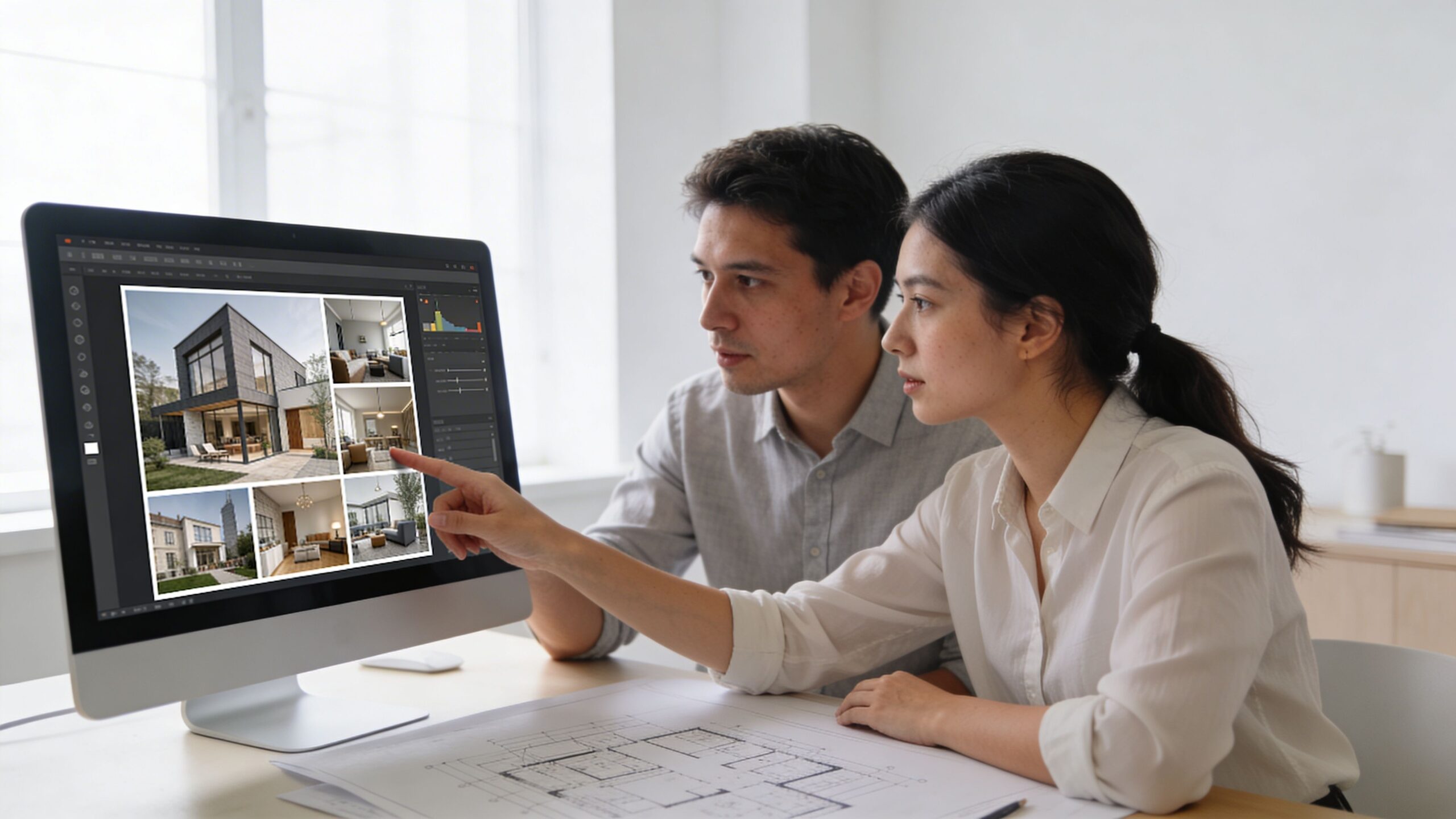 A male and female architect reviewing architectural photography projects and floor plans on a desktop computer monitor.