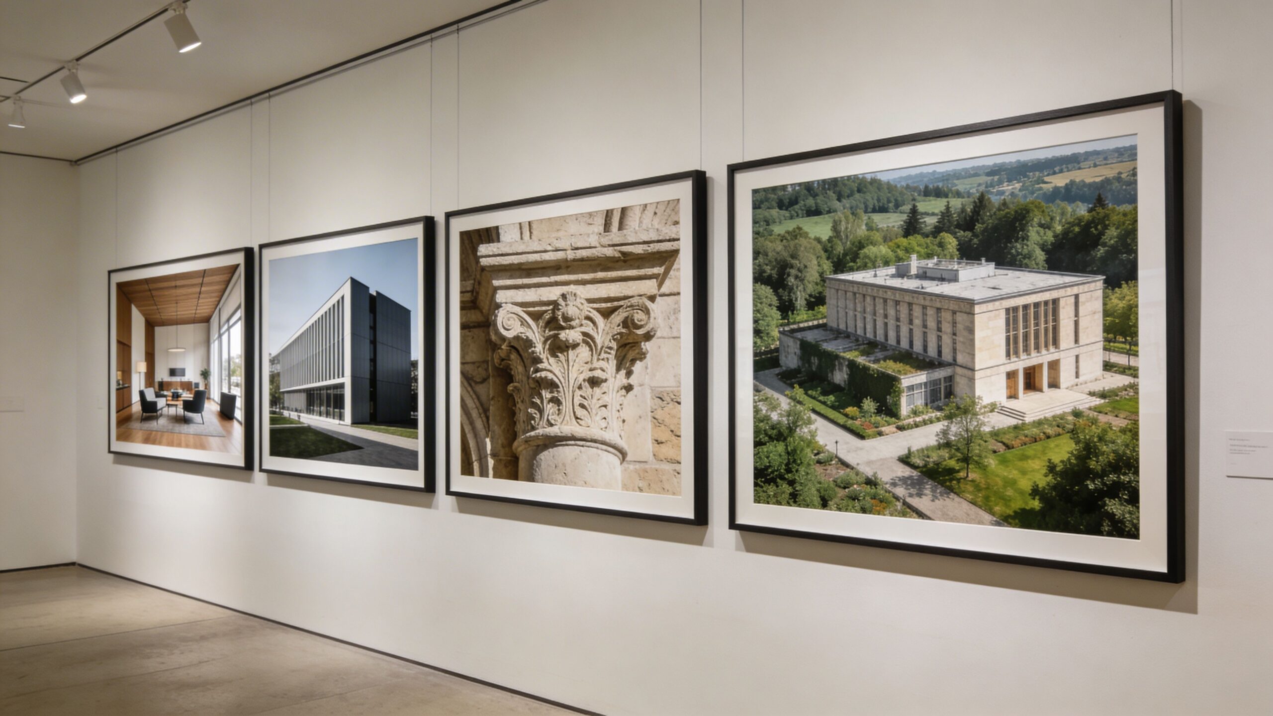 A minimalist gallery wall featuring four large framed architectural photographs displayed in a bright modern space.