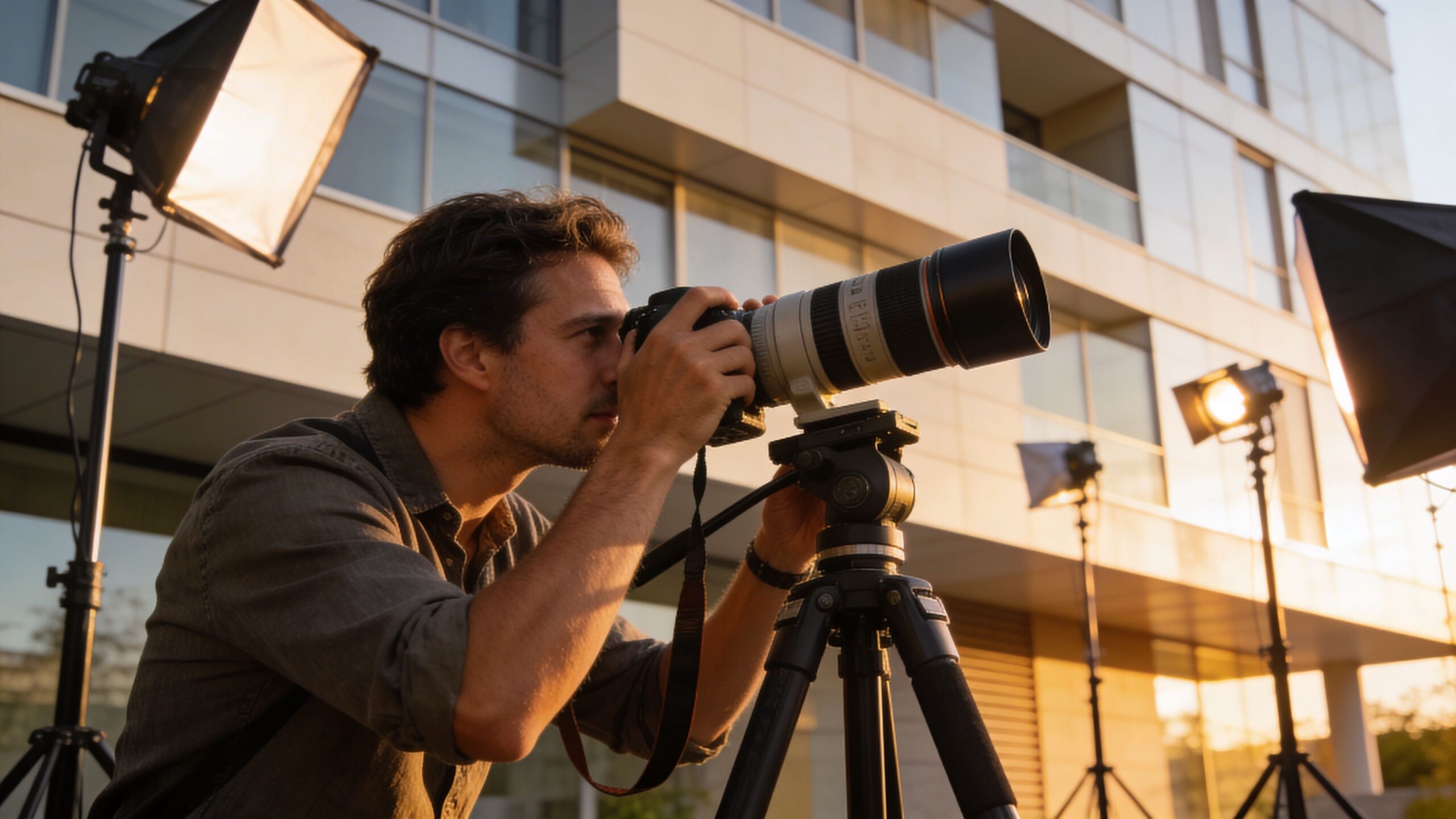 A professional photographer uses a tripod and lighting equipment to capture architectural photos of a modern building.