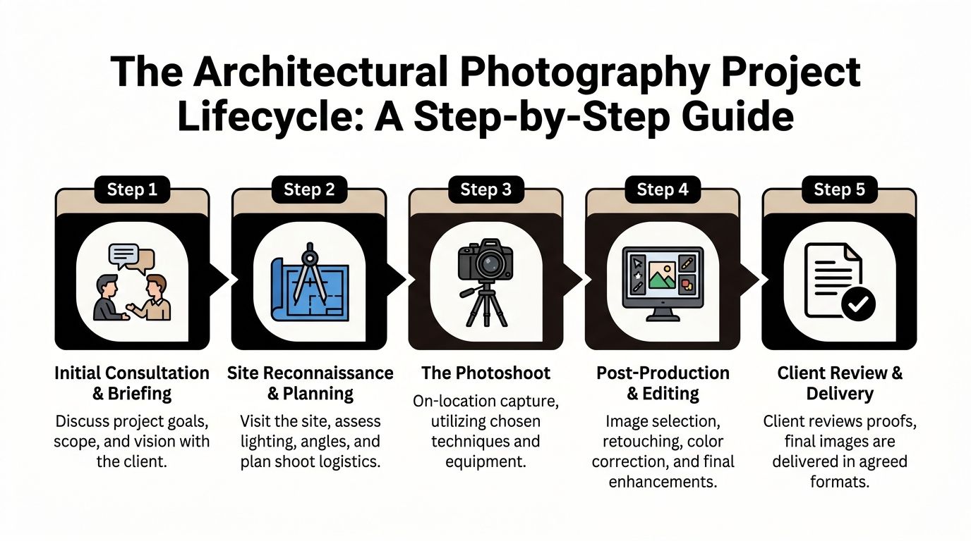 A five-step flowchart illustrating the professional architectural photography project lifecycle from consultation to final image delivery.