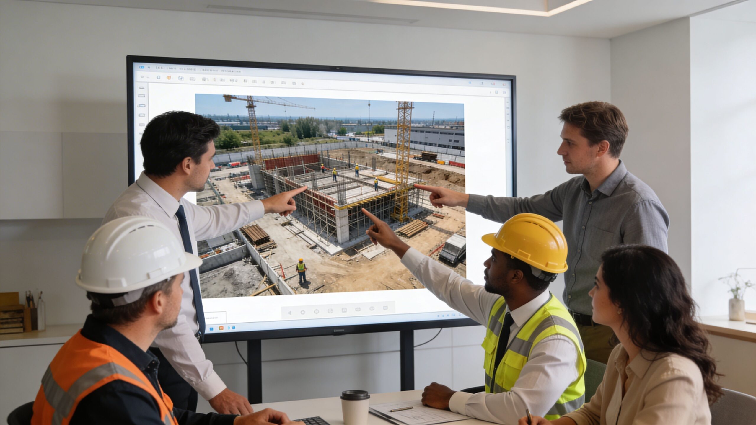 A diverse group of professionals reviewing construction progress on a large screen in a modern office.