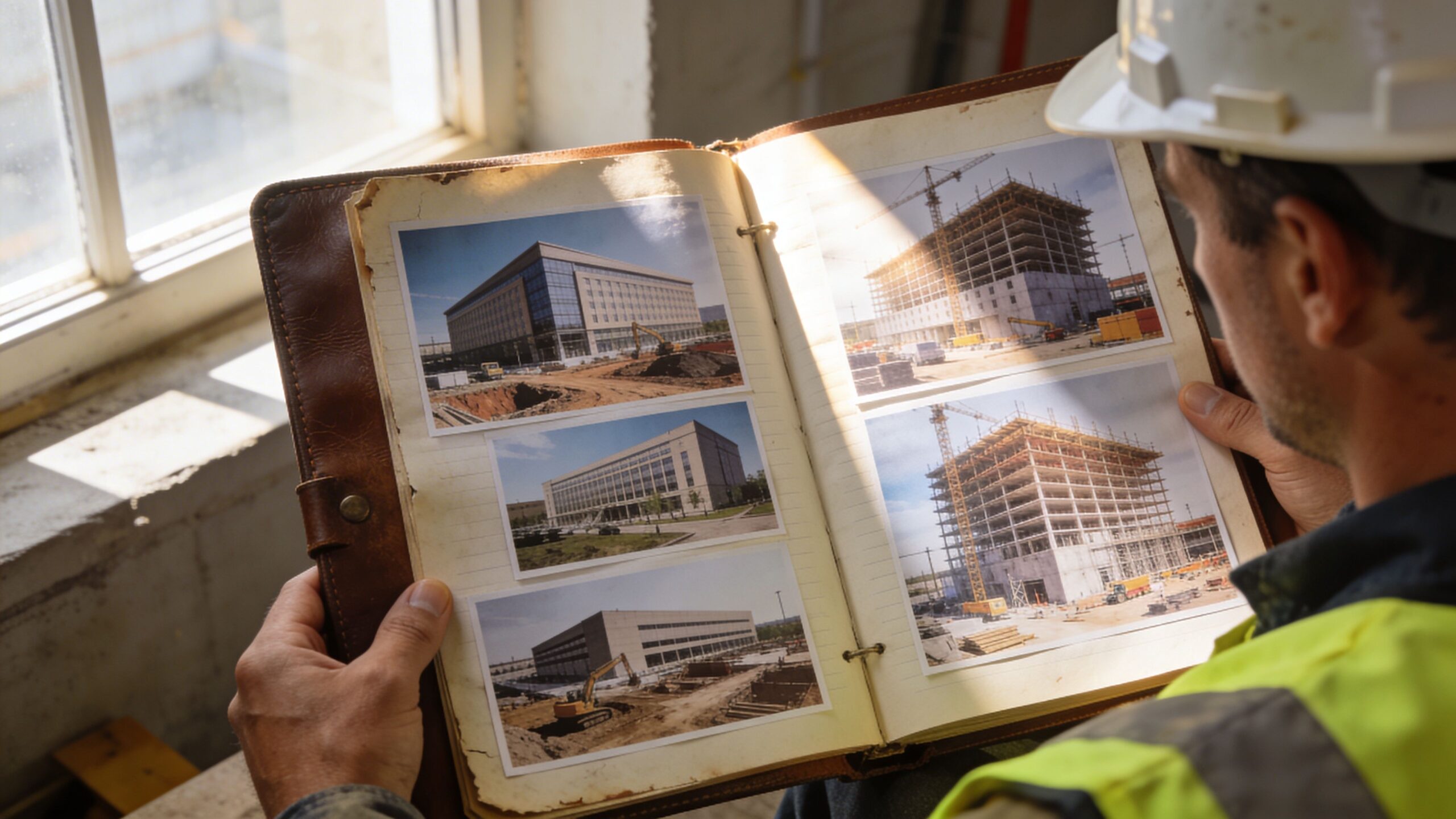 A construction worker in a hard hat examines a binder filled with photos of building project phases.
