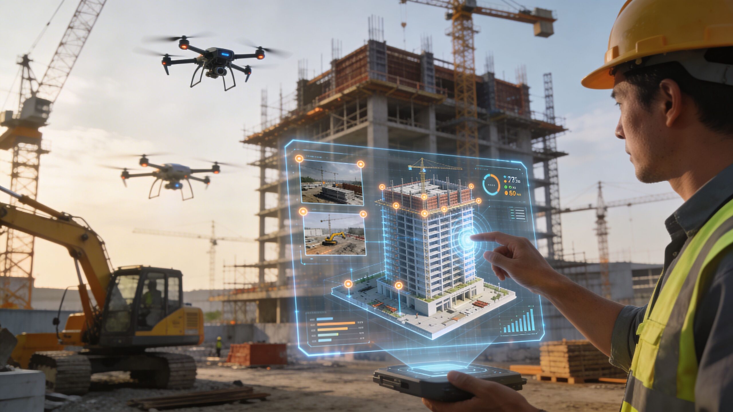 A construction engineer using augmented reality technology to review project progress with drones on a site.