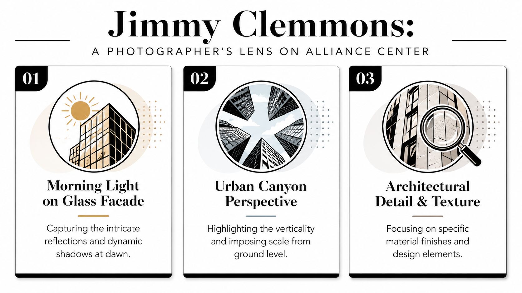 A graphic presentation highlighting three photography concepts for the Alliance Center, featuring light, perspective, and architectural textures.