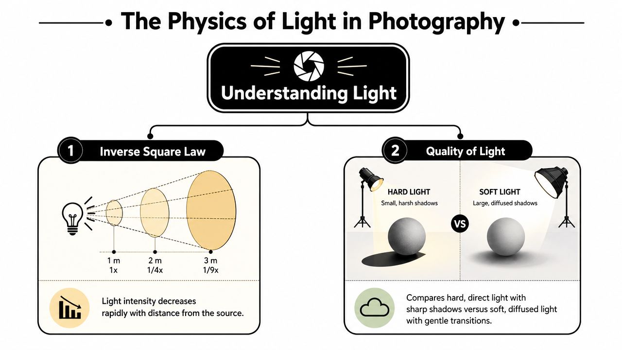An infographic titled The Physics of Light in Photography illustrating the Inverse Square Law and light quality.