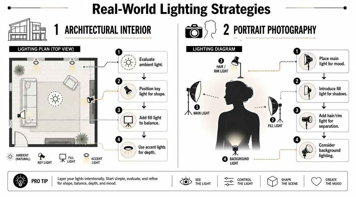 An infographic showing real-world lighting strategies for interior architecture and portrait photography with helpful lighting diagrams.