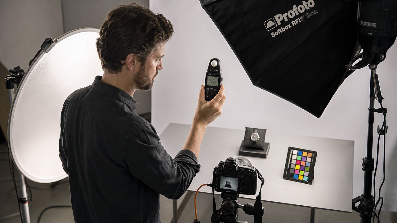 A photographer uses a light meter to measure lighting intensity for a professional product shoot of a watch.