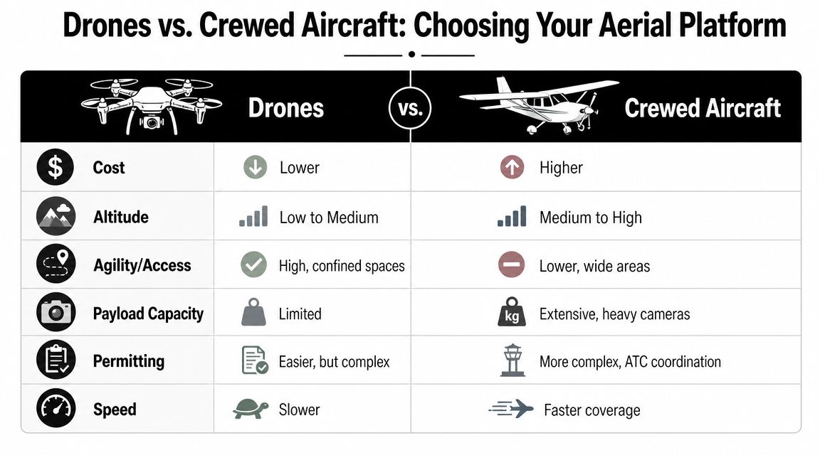 A comparison chart showing the differences between drone technology and traditional crewed aircraft for aerial photography.