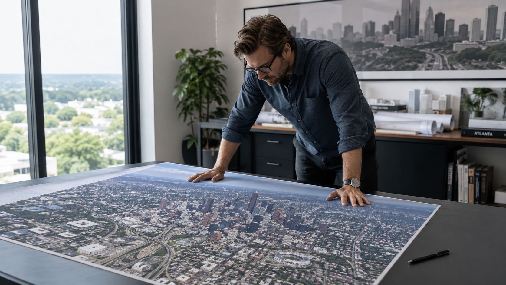 An architect wearing glasses examines a large aerial photograph of Atlanta on a table in his office.