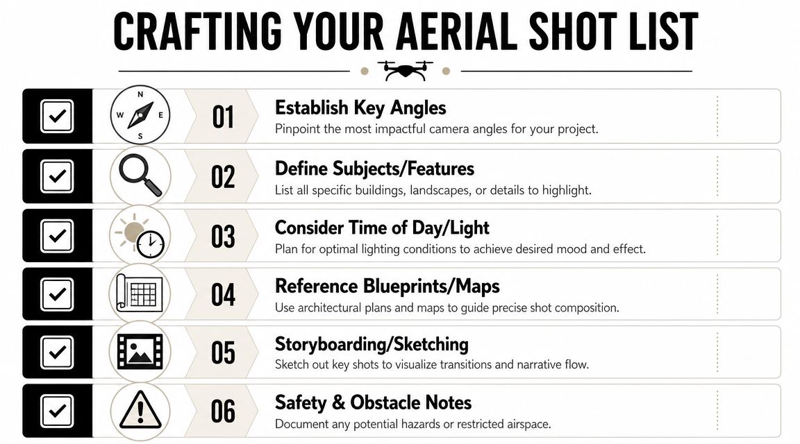 A six-step checklist infographic for crafting an effective aerial photography shot list for drone projects.