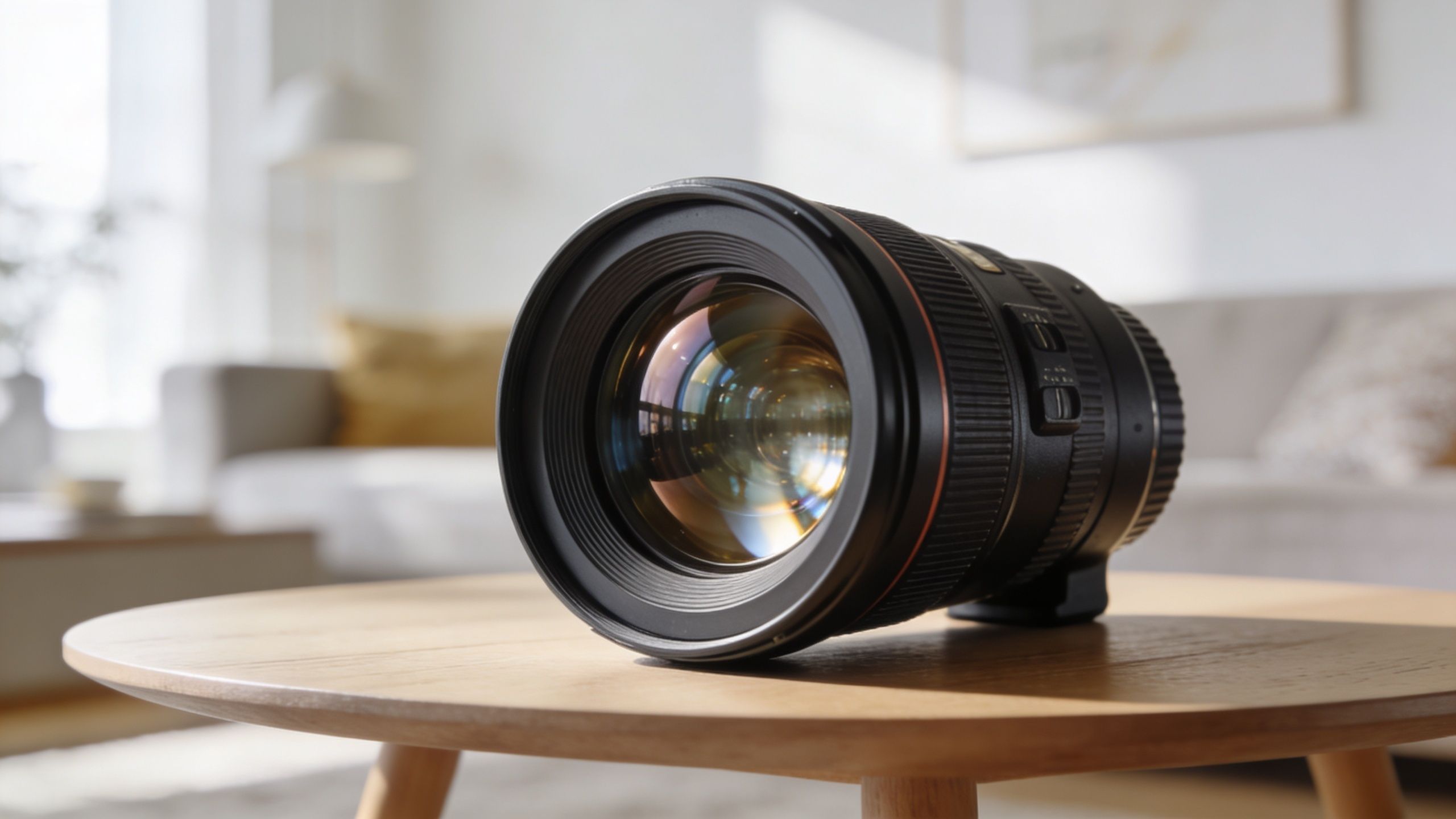 A professional DSLR camera lens resting on a wooden side table in a bright, modern living room.