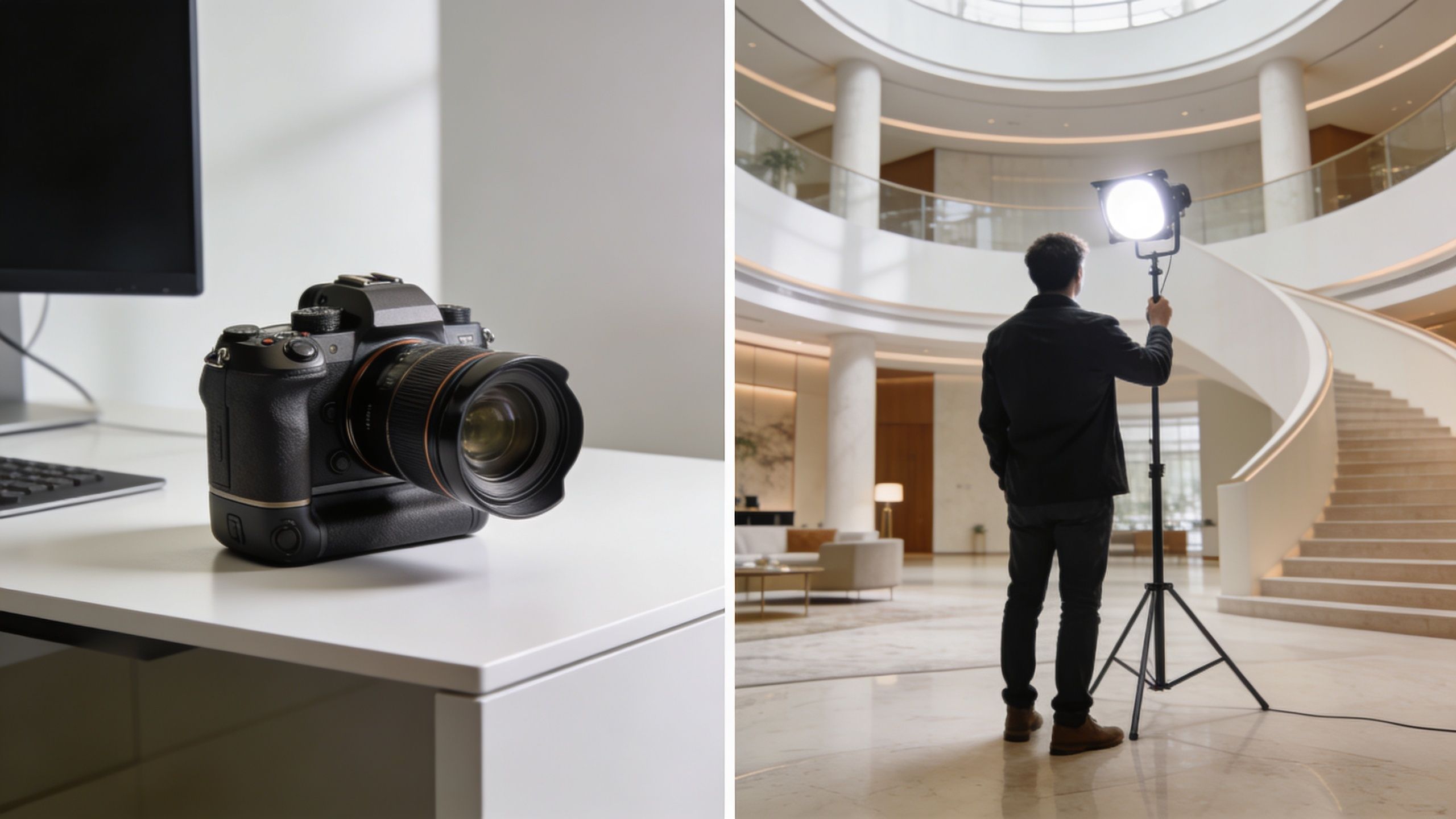 A professional digital camera on a desk next to a photographer setting up lighting in a lobby.