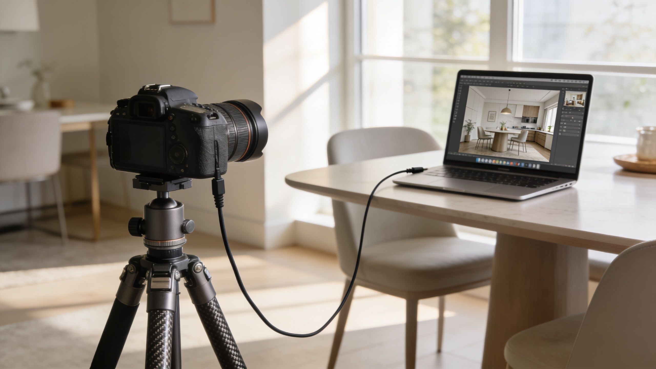 A professional camera on a tripod connected to a laptop showcasing an interior design photography workflow.