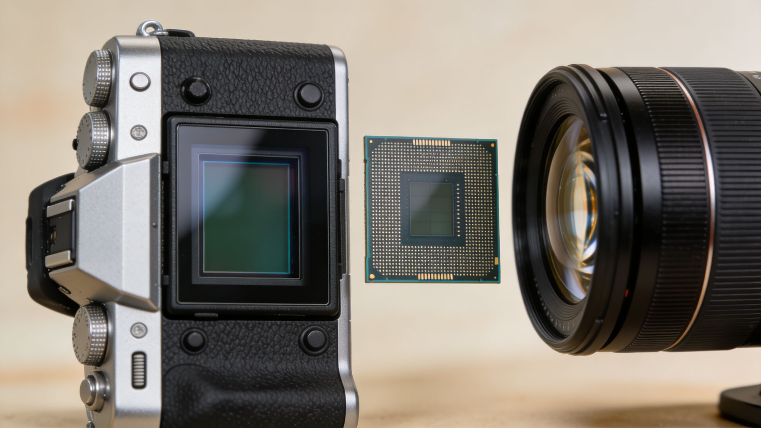 A modern mirrorless camera sensor positioned next to a digital processor chip and a professional camera lens.