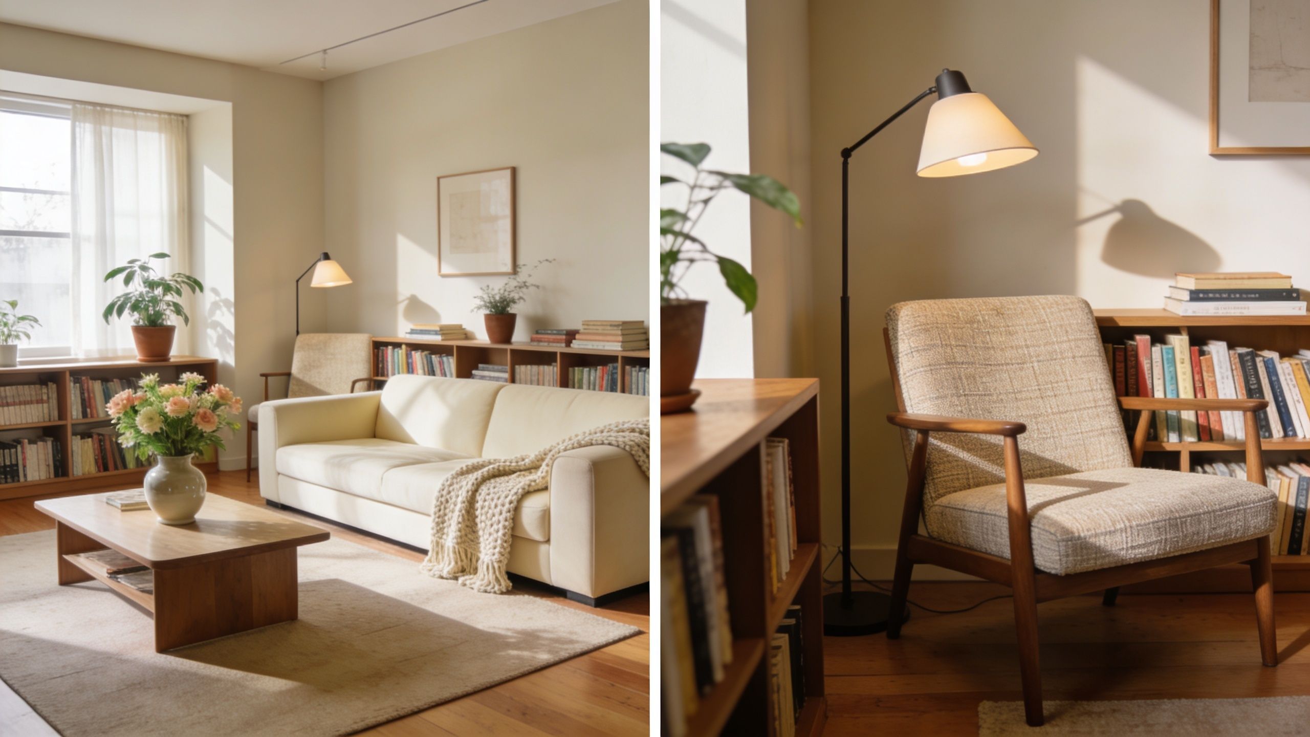 A bright, airy living room featuring a cozy sofa, armchair, bookshelves, and natural sunlight streaming inside.
