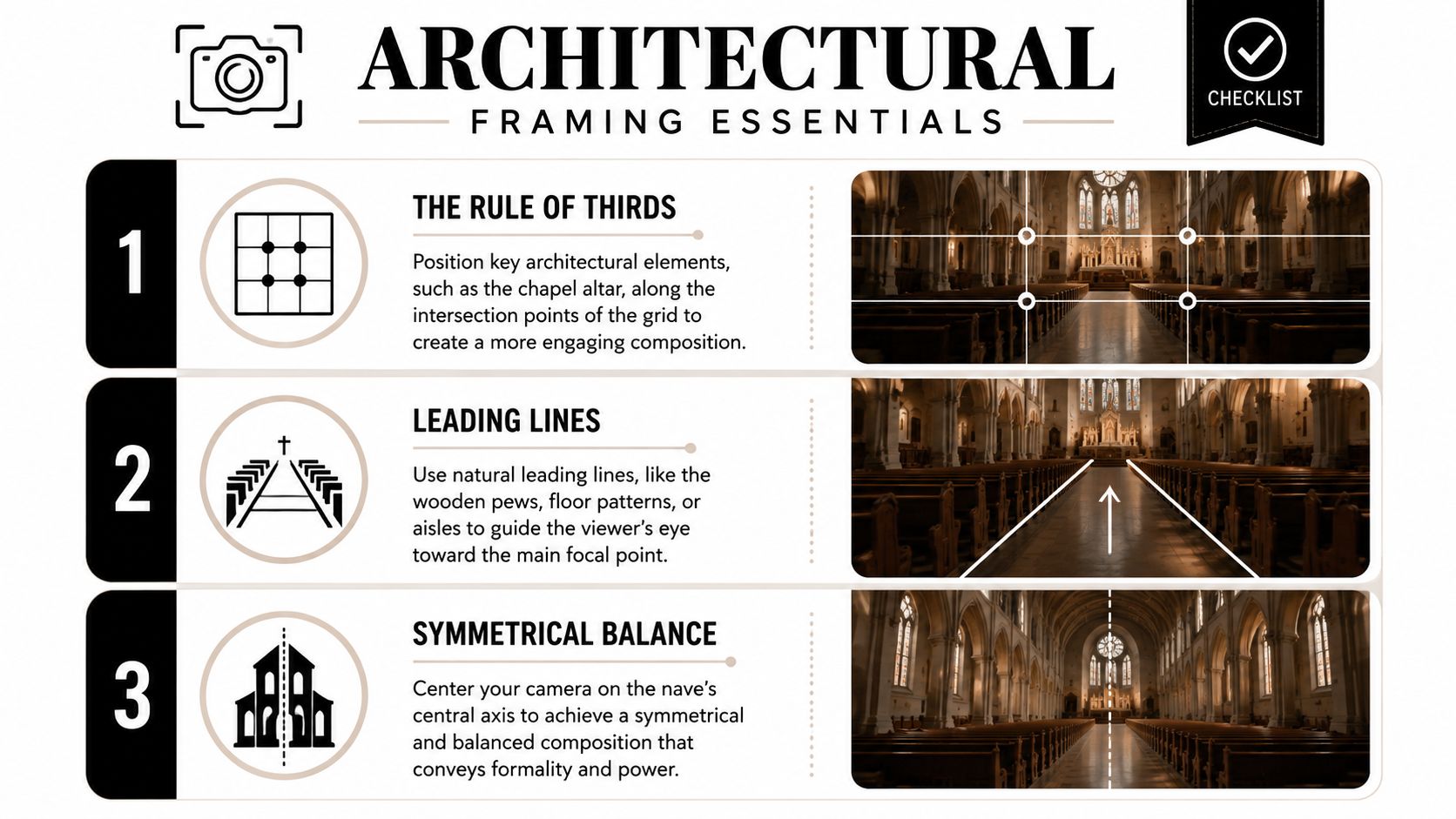 An architectural framing checklist for photography featuring tips on rule of thirds, leading lines, and symmetrical balance.