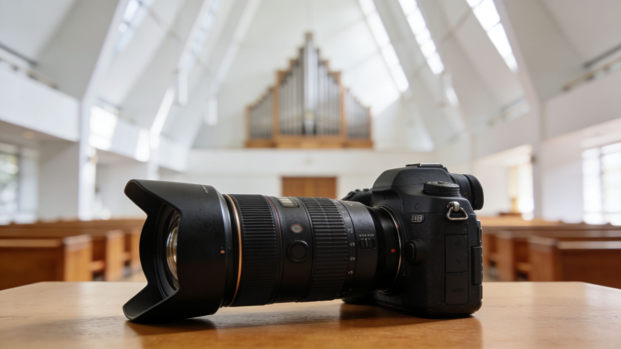 A professional DSLR camera resting on a wooden table inside a blurred church chapel sanctuary.