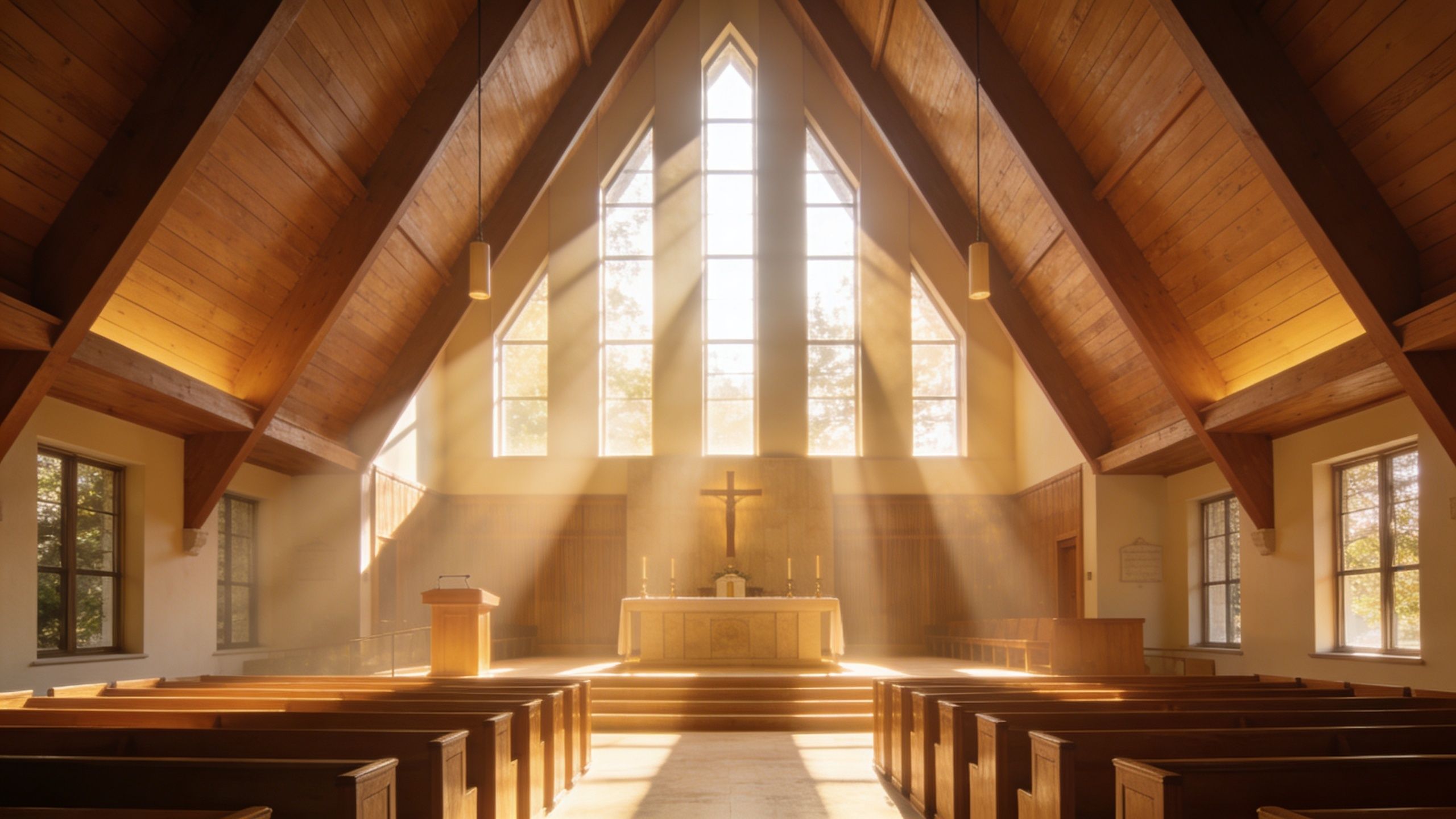Sunlight streams through large windows above the altar inside a serene, wood-beamed chapel with wooden pews.