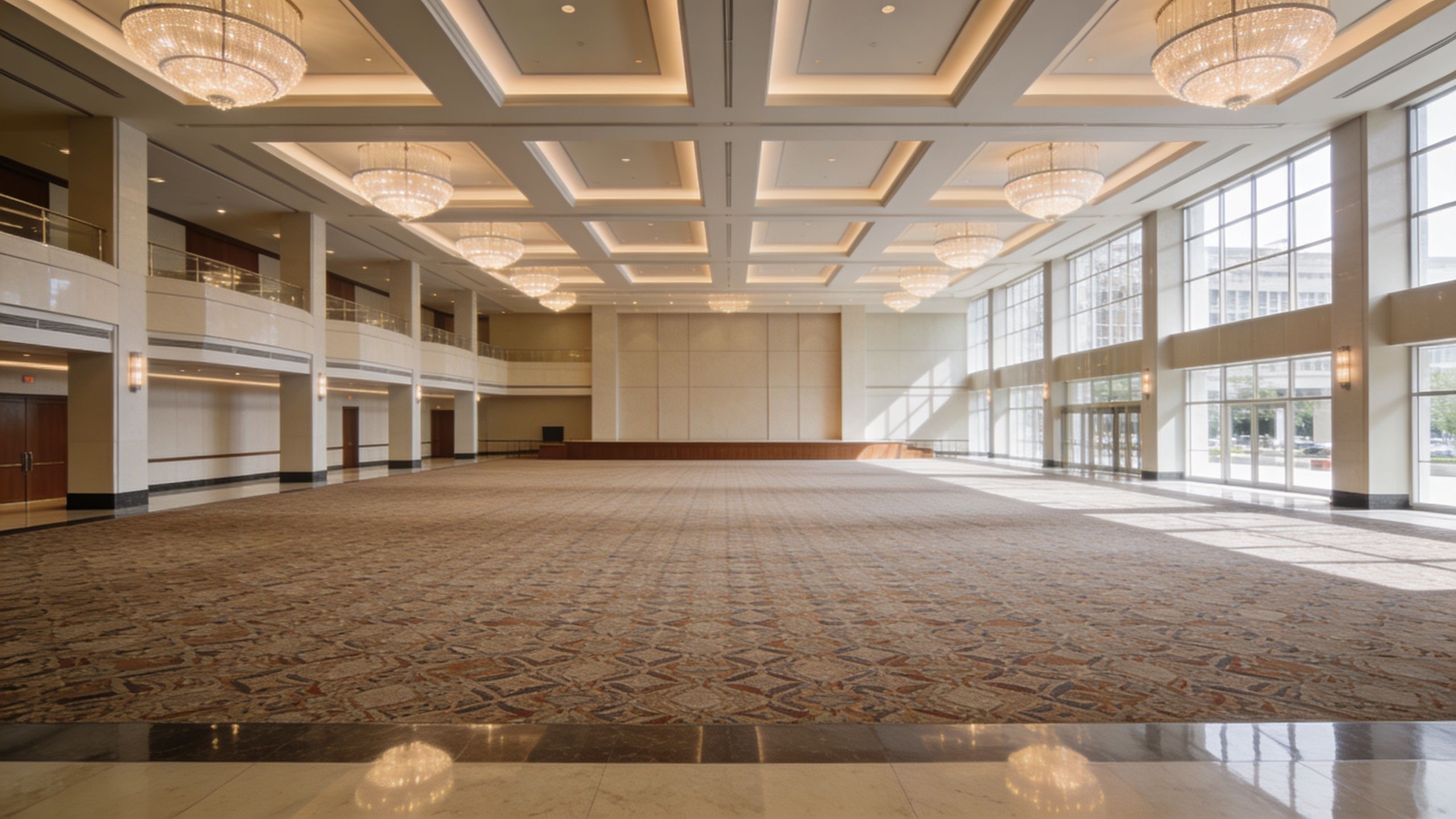 A grand, spacious ballroom with crystal chandeliers, patterned carpet, and floor-to-ceiling windows at Cobb Galleria Centre.