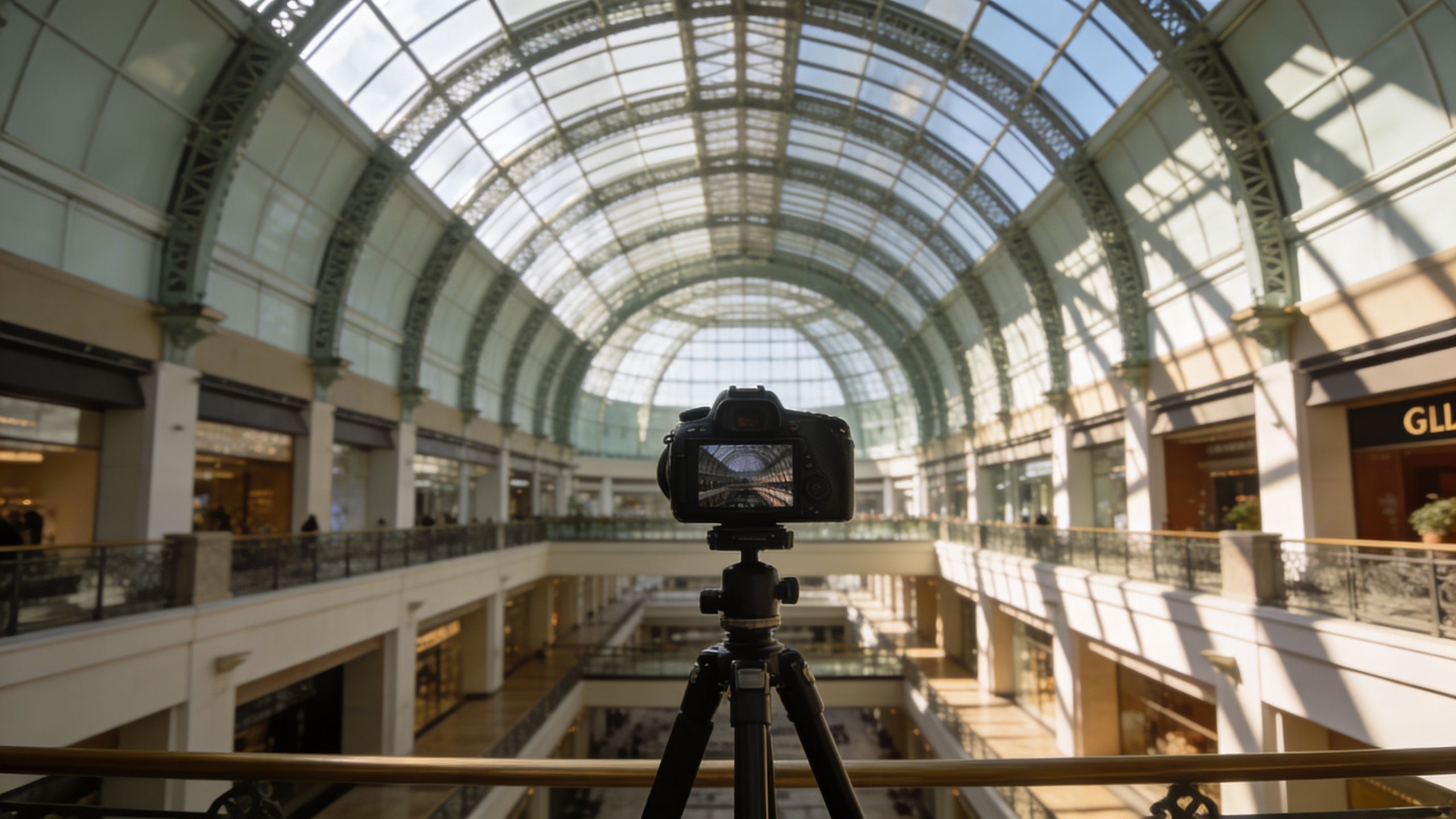 A professional camera on a tripod capturing the expansive glass architecture of a modern indoor shopping mall.
