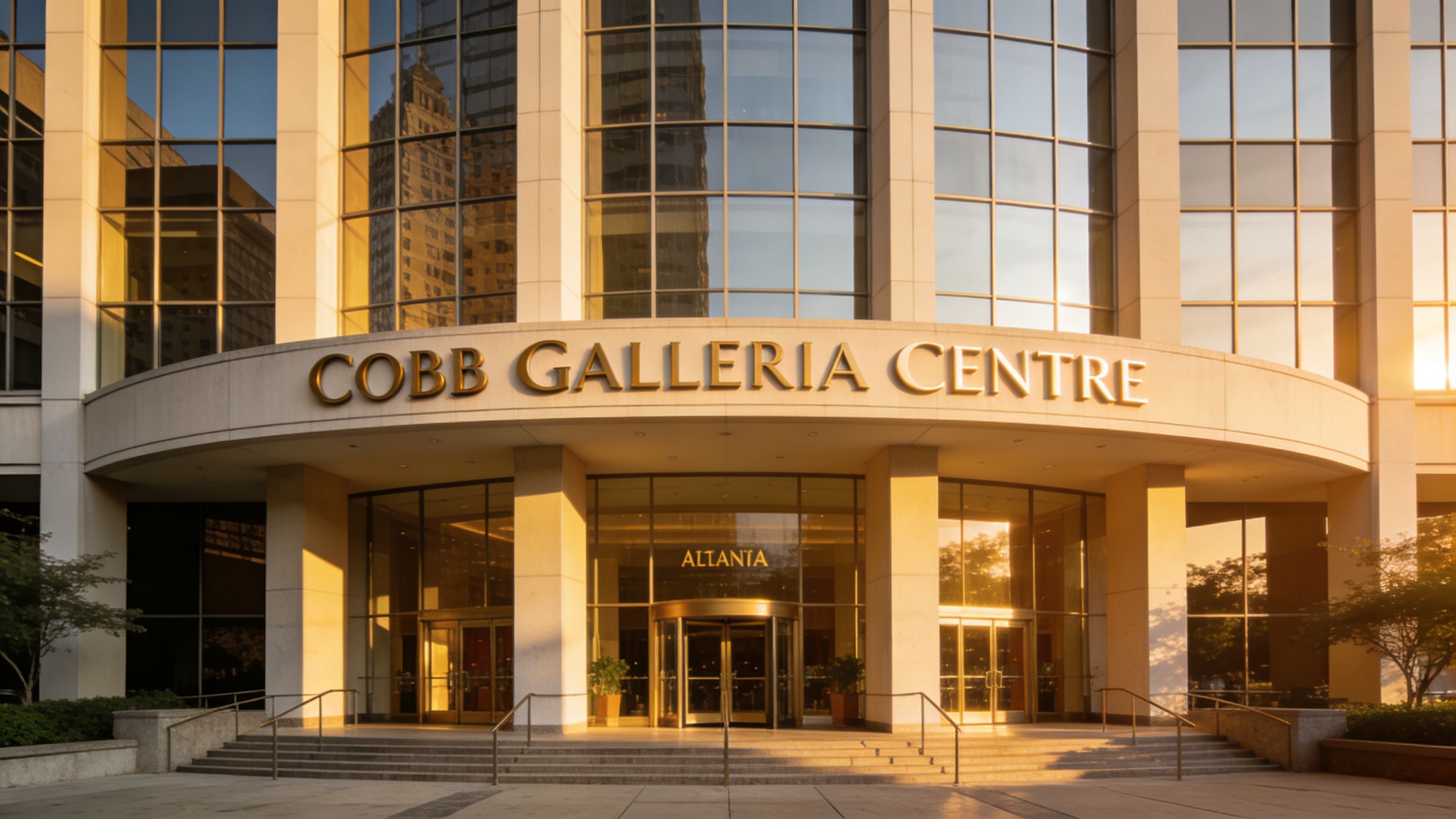 The exterior entrance of the Cobb Galleria Centre in Atlanta with large glass windows and golden lighting.