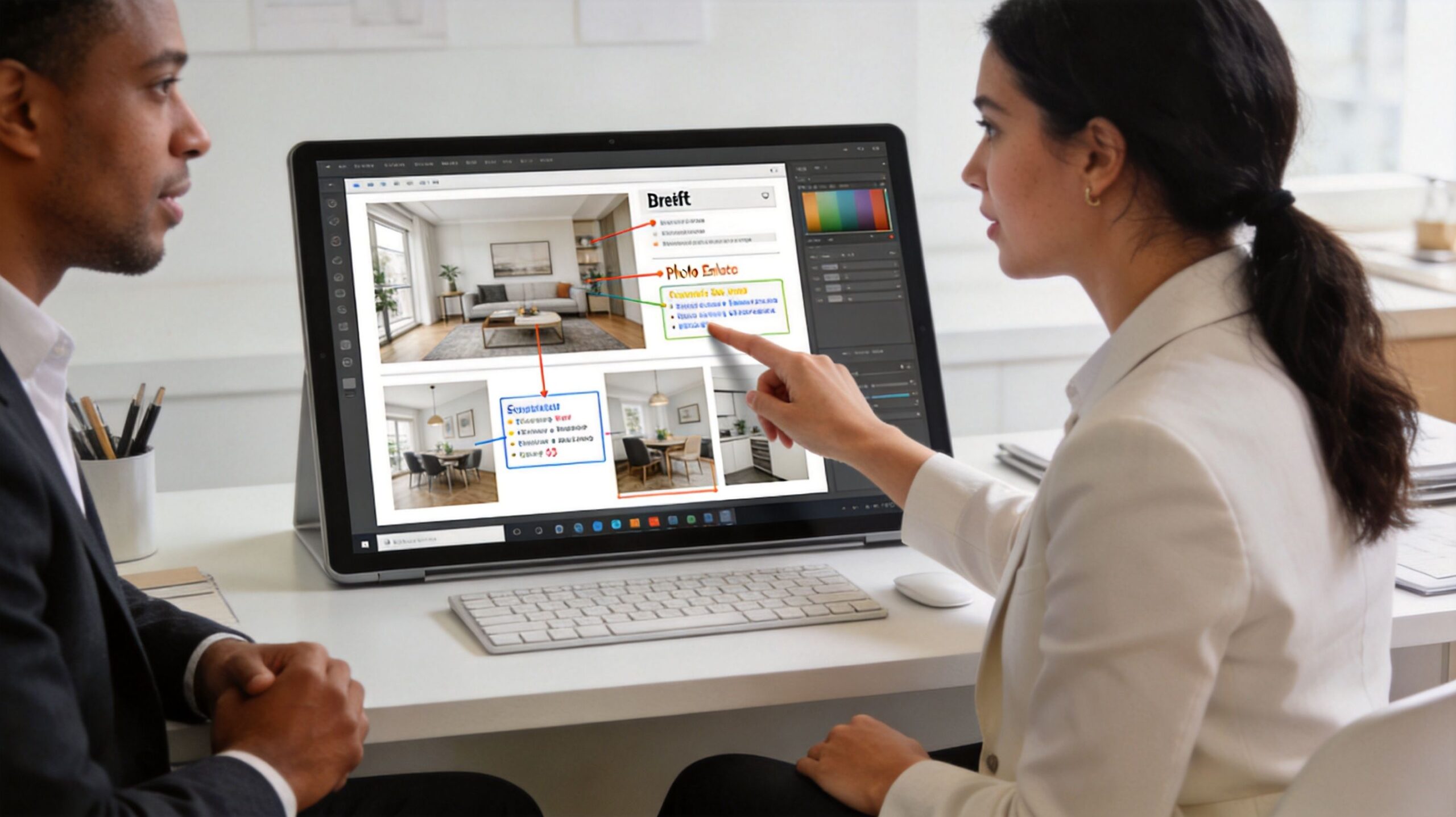 A professional man and woman collaborating on an interior design project using a touchscreen computer monitor.