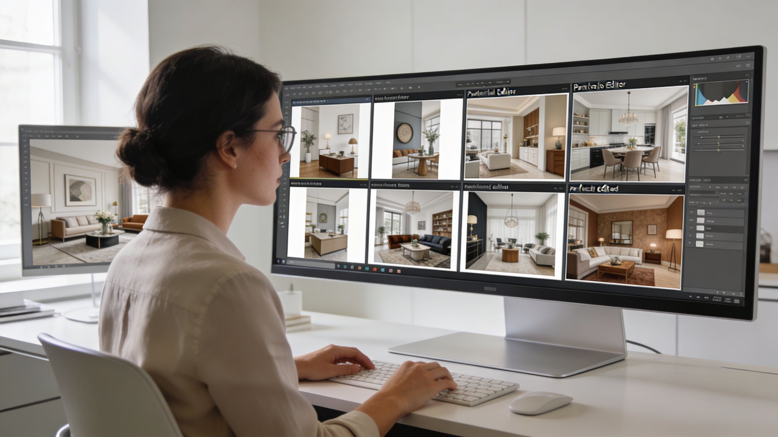 A woman working on interior design photography editing on an ultra-wide desktop monitor in a bright office.