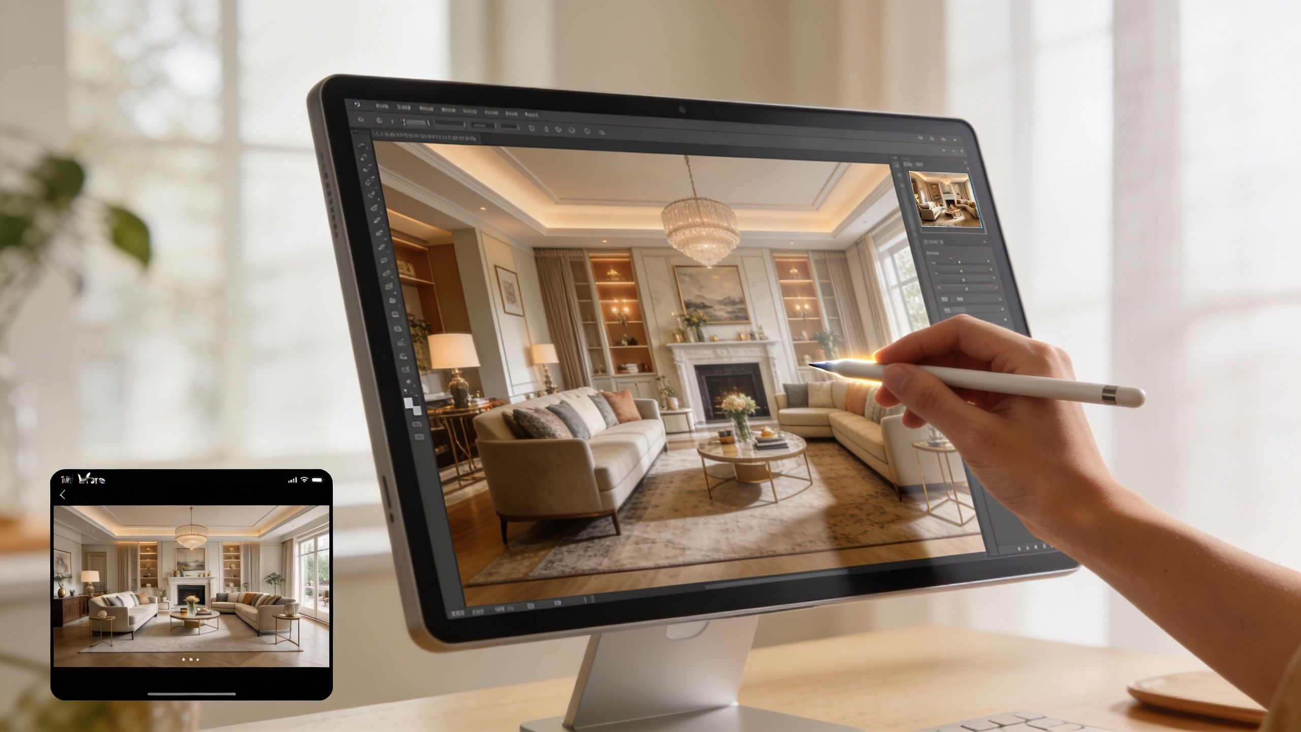 A professional interior designer uses a digital stylus to edit a luxurious living room photo on a computer screen.