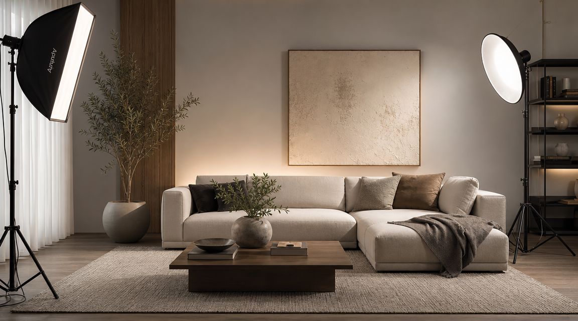 A professional photography setup in a minimalist, modern living room with a neutral sofa and soft lighting.