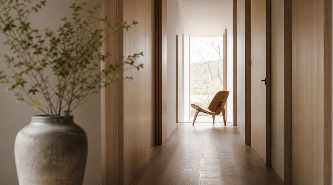 A serene minimalist hallway with wooden panels, a decorative vase, and a modern chair near sunlight.