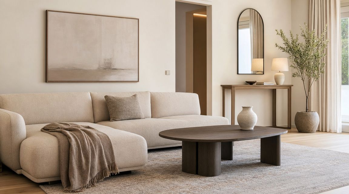 A modern minimalist living room featuring a beige sectional sofa, dark wooden coffee table, and soft neutral tones.