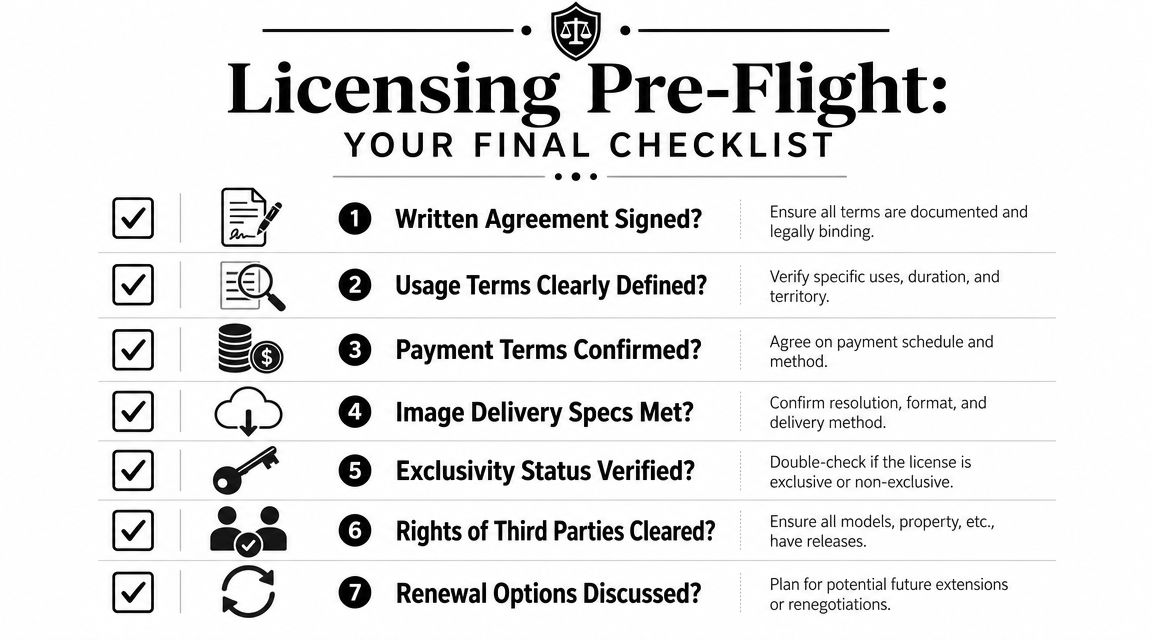 A checklist titled Licensing Pre-Flight listing seven essential steps for securing commercial photo licensing agreements.