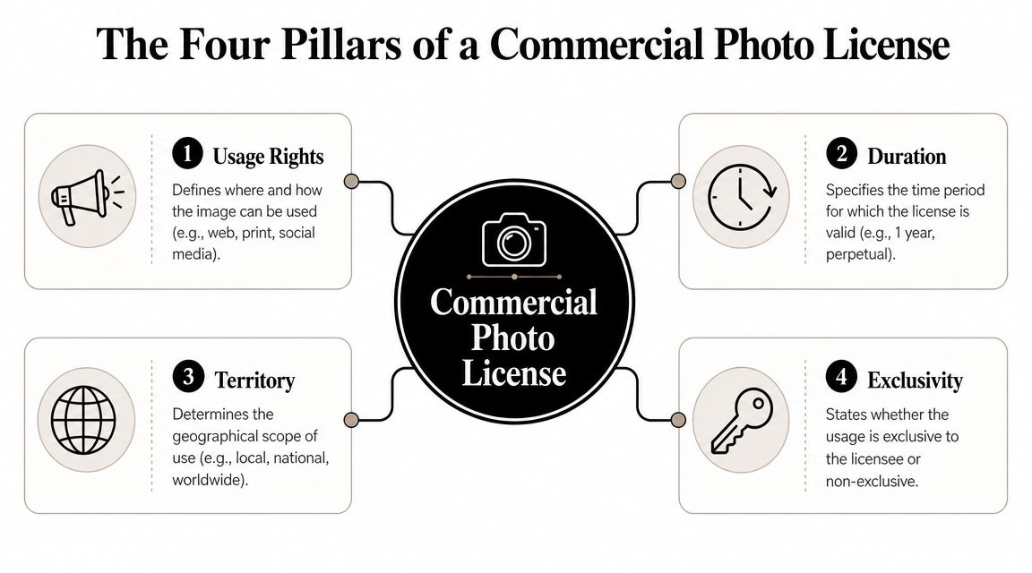 A diagram illustrating the four essential pillars of a commercial photo license, including usage rights, duration, territory, and exclusivity.