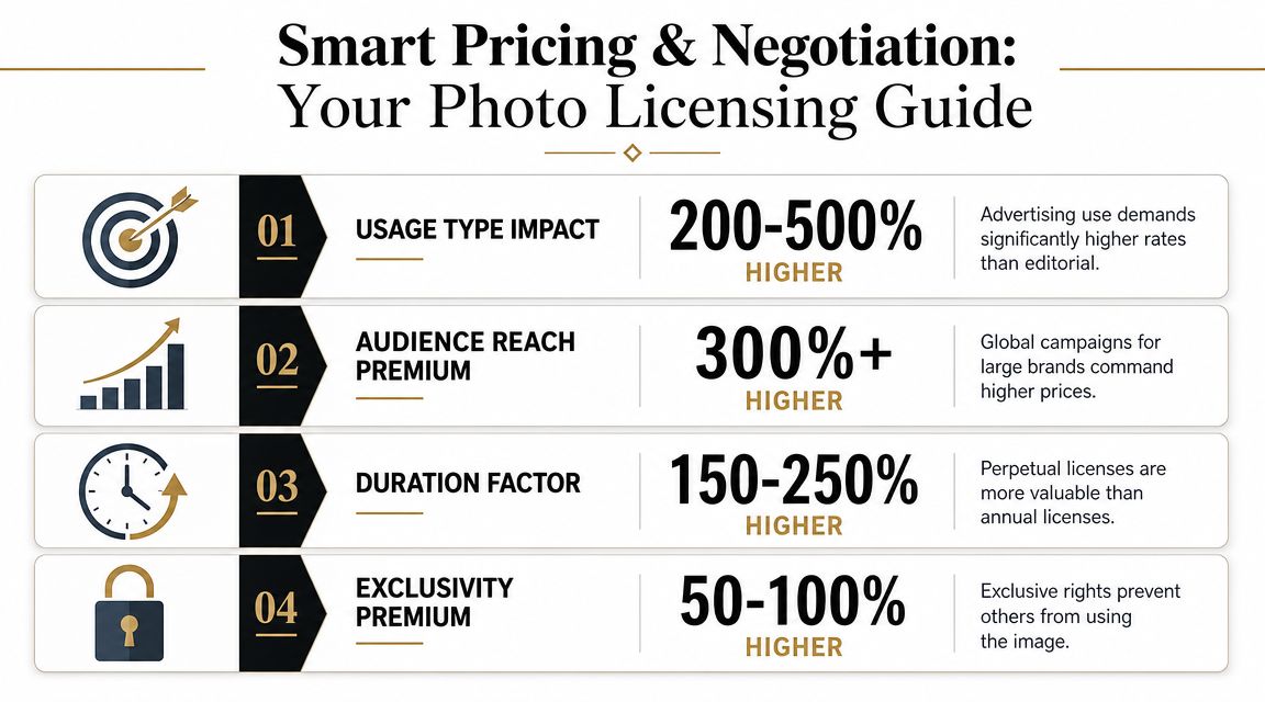An infographic detailing key pricing and negotiation factors for professional photography licensing and usage rights.