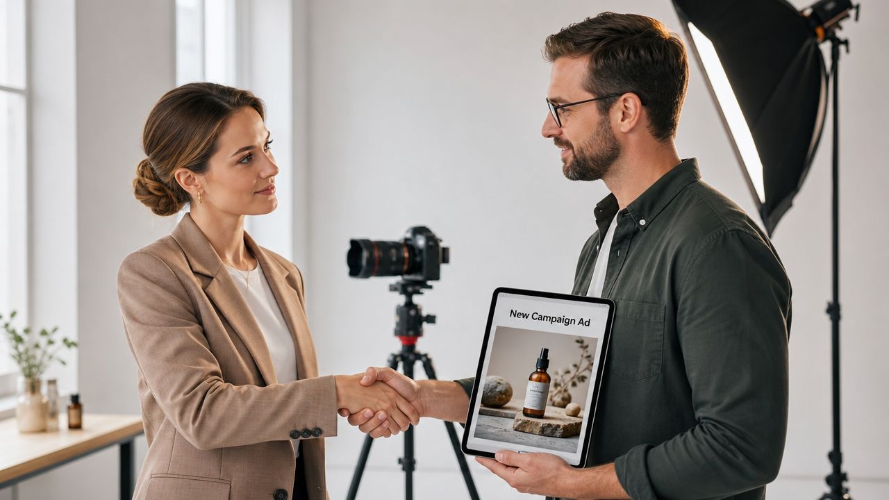 A professional woman and a photographer shaking hands after reviewing a commercial product advertisement on a tablet.