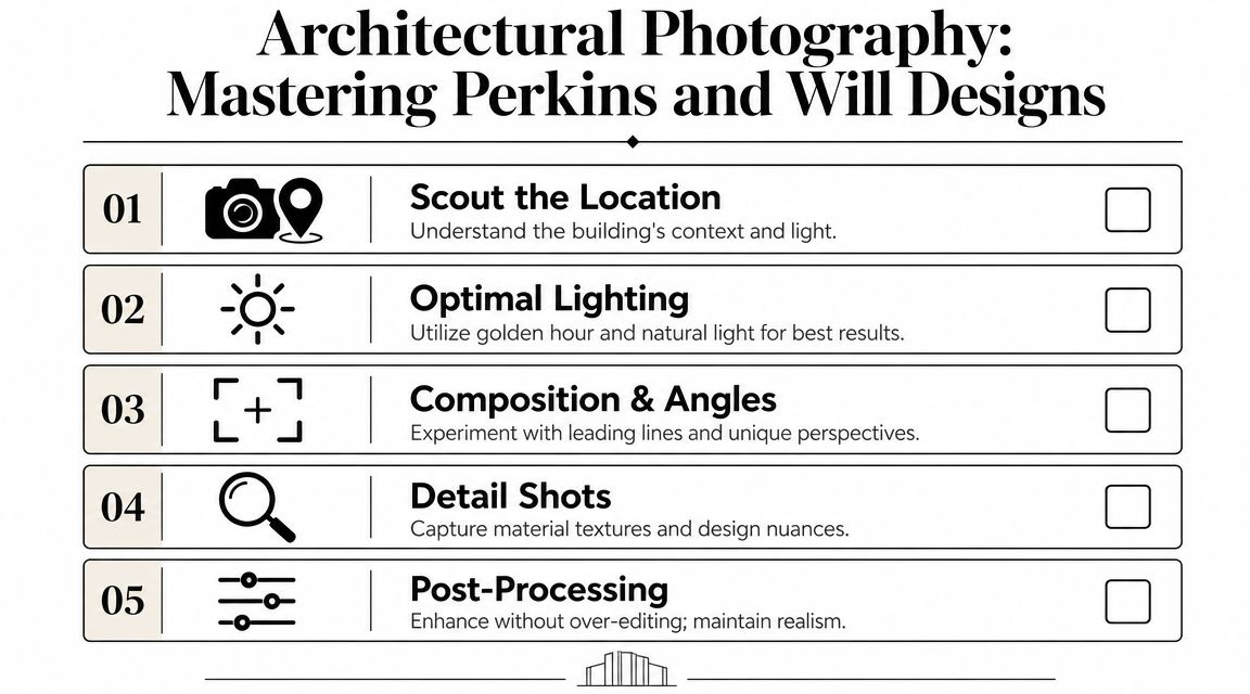 A checklist titled Architectural Photography Mastering Perkins and Will Designs with five numbered steps for professional photographers.
