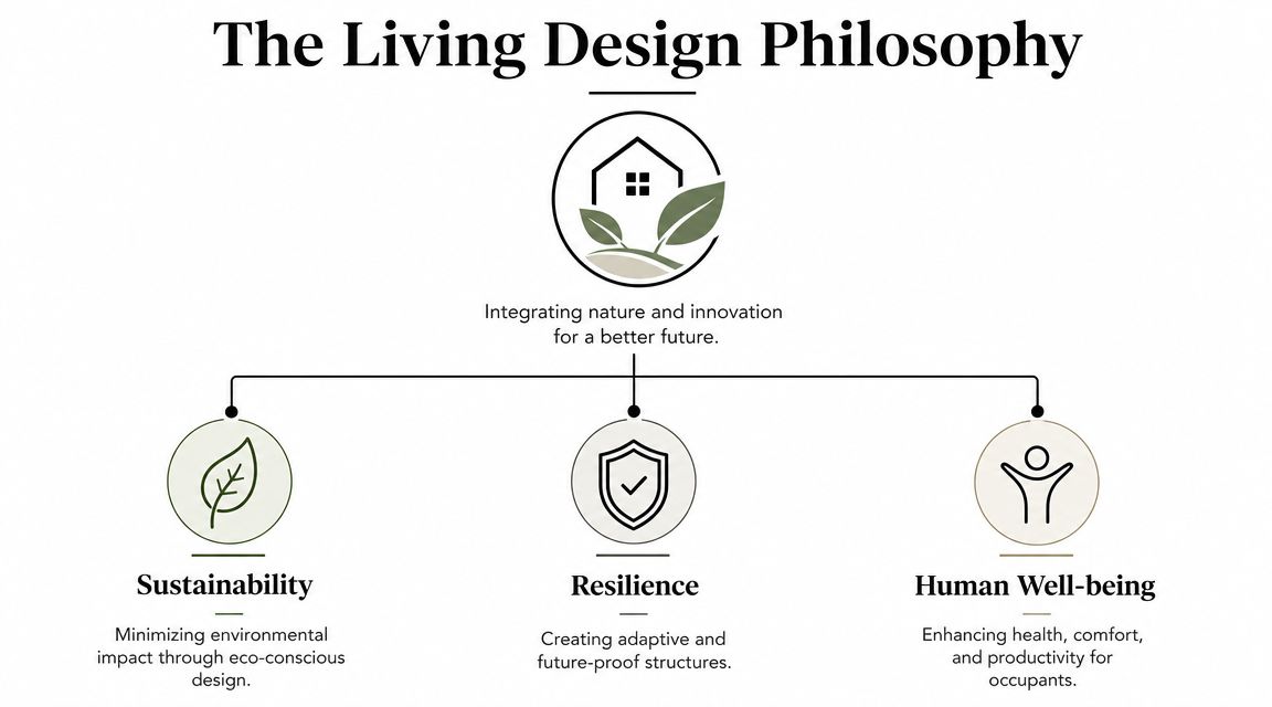 A diagram illustrating the Living Design Philosophy, focusing on sustainability, resilience, and human well-being in architecture.
