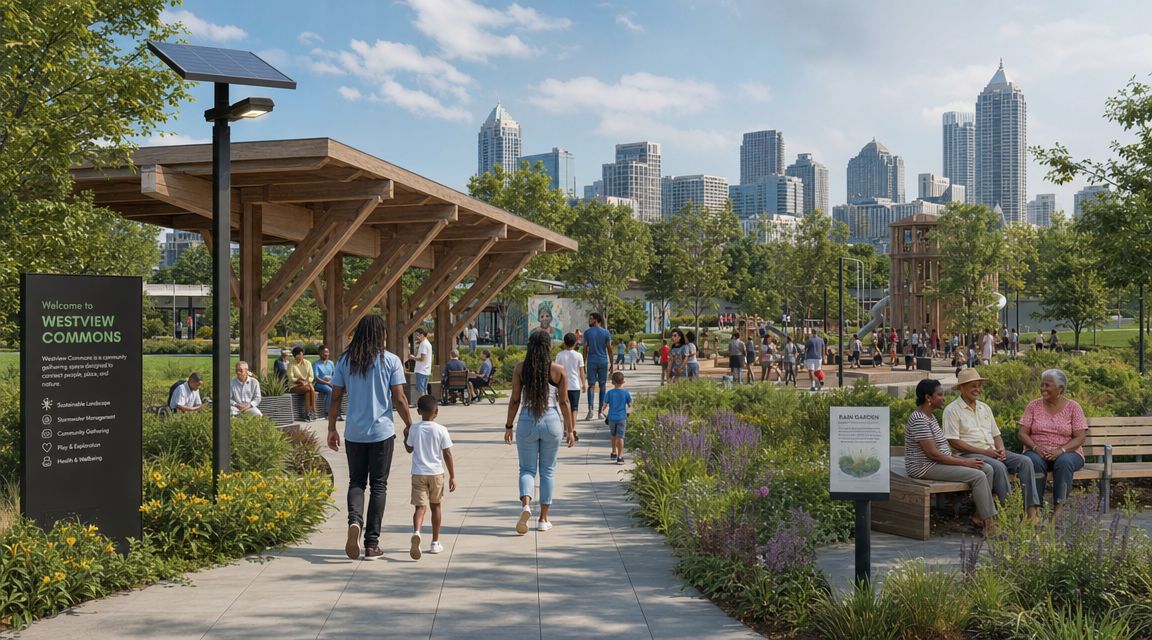 People walking through the sunny Westview Commons public park with a modern wooden shelter and city skyline.