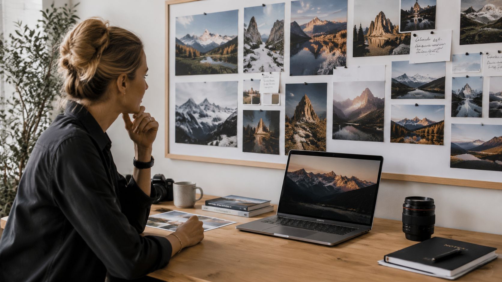 A creative woman looking at a mood board filled with mountain photography in her home office.