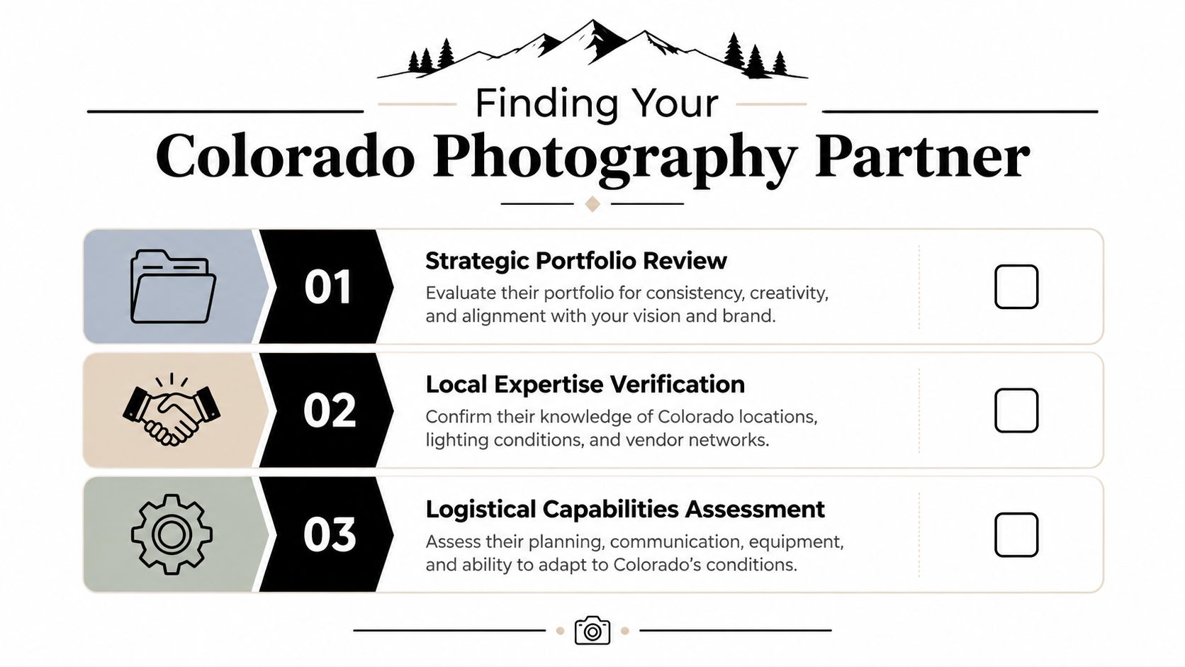 A checklist for choosing a professional photography partner for photo shoots in the Colorado region.