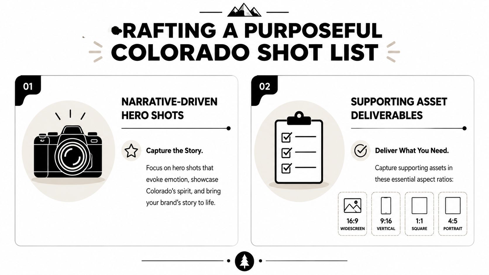 A guide for creating a professional photography shot list for projects located in the state of Colorado.