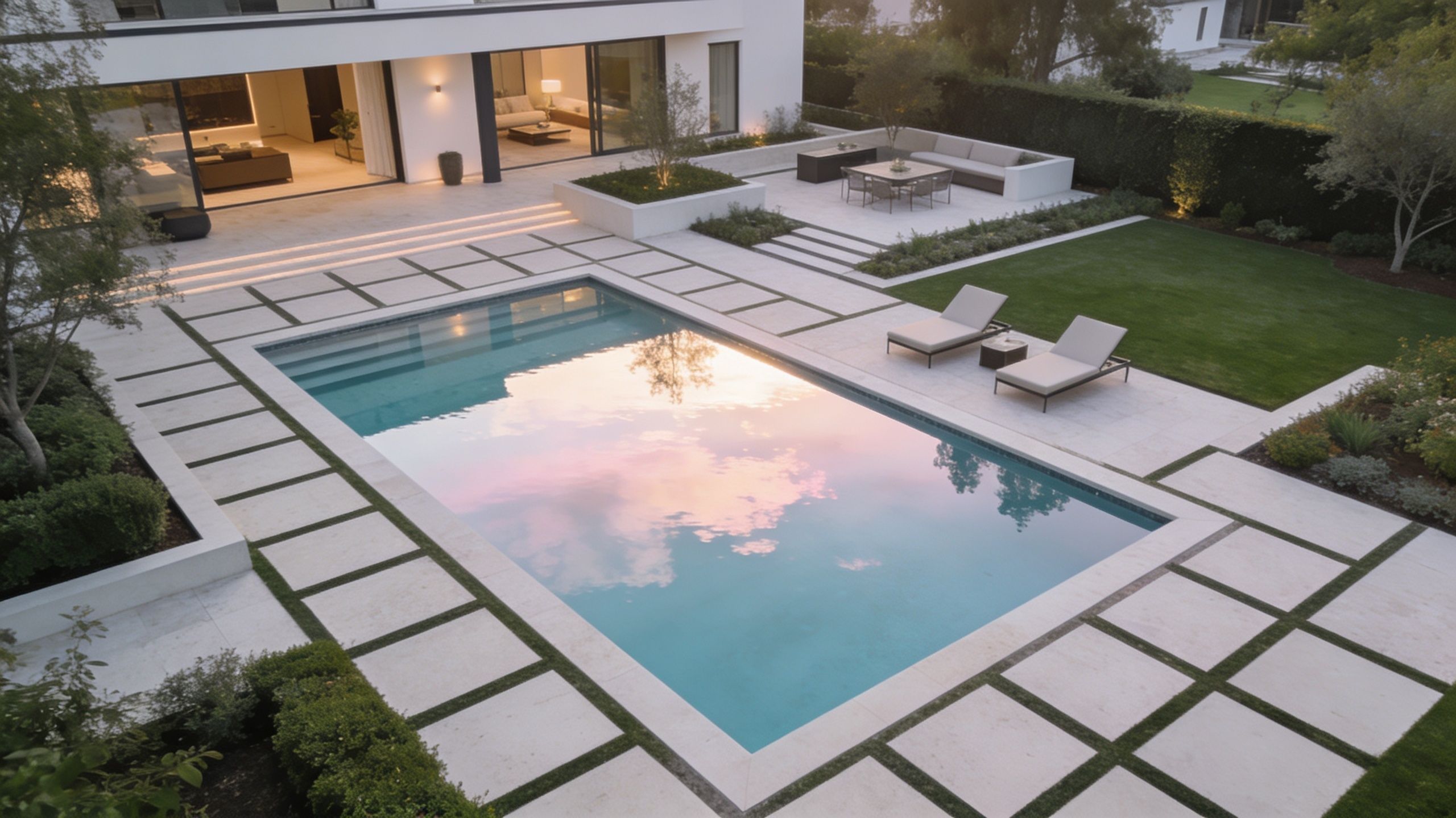 A modern luxury house with a large rectangular swimming pool and lounge chairs on a patio deck.